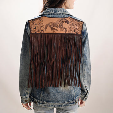 ADJKT031 Genuine leather Hand tooled hand carved Women 100% cotton Denim jacket dress ladies girl